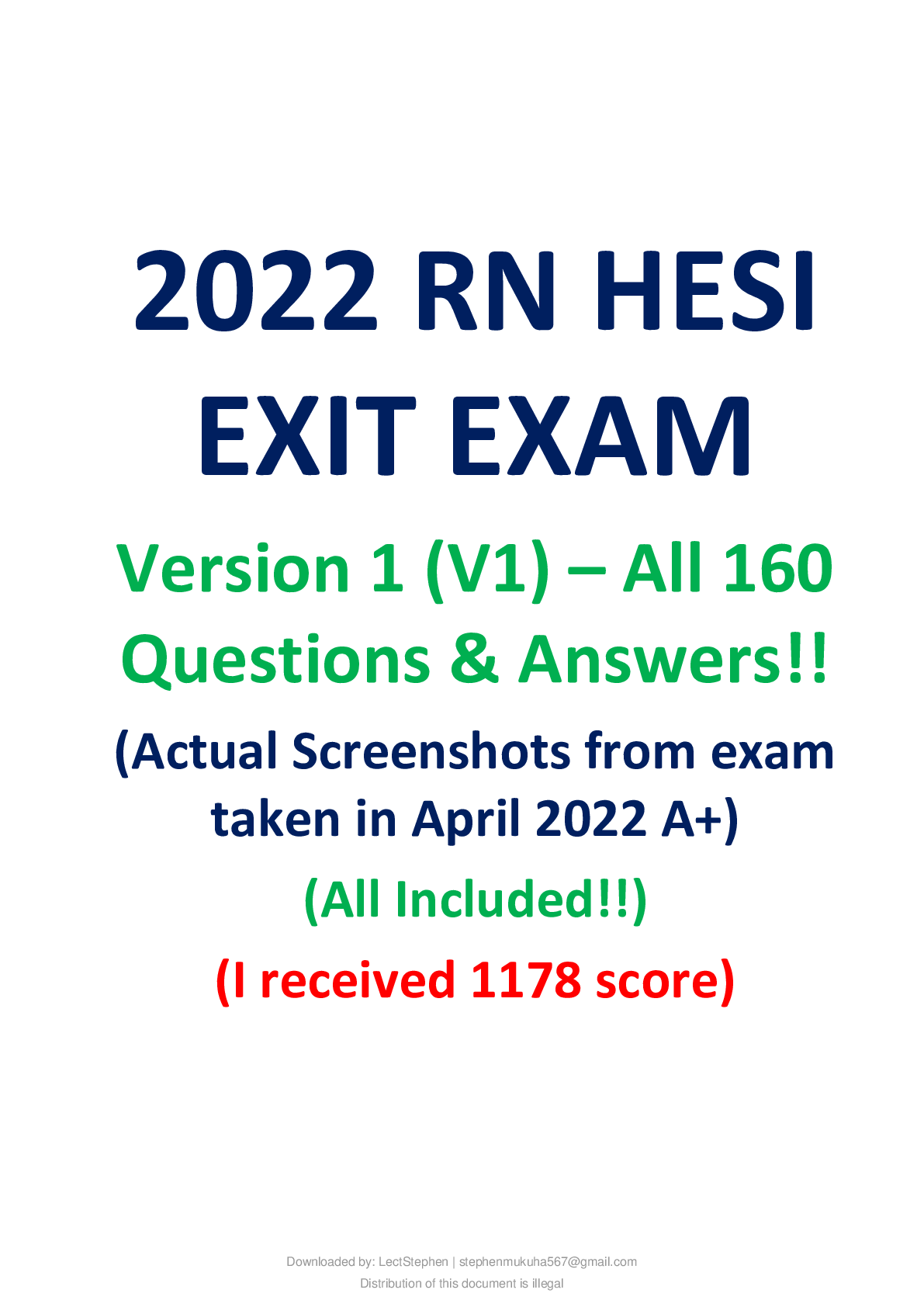 Preview image for 2022 RN HESI EXIT EXAM VERSION 1 V1 ALL 160 Q&A,FROM TAKEN EXAM SCREENSHOTS.